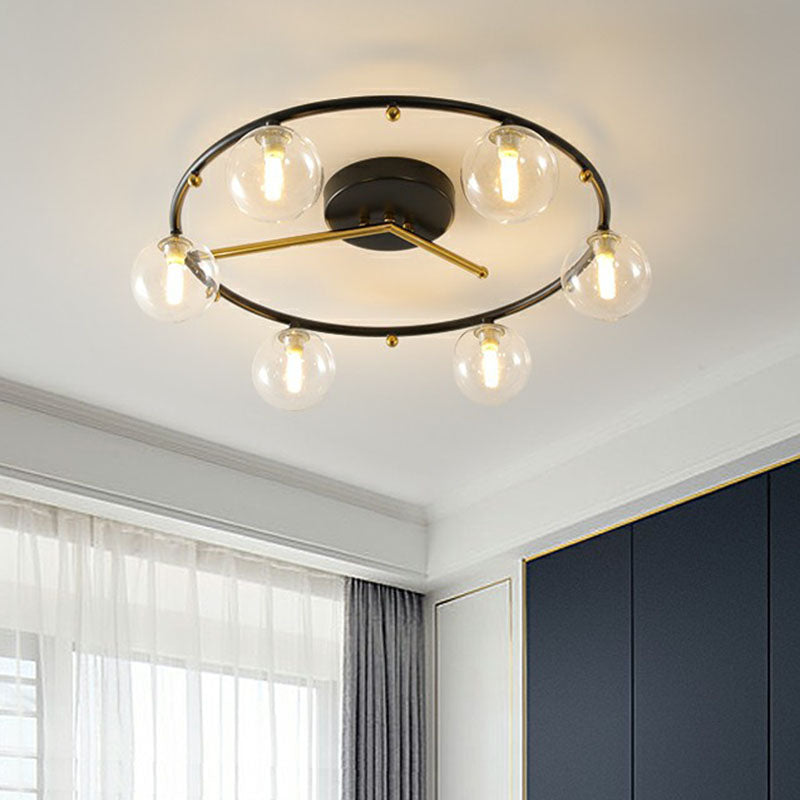 Schwarz-Messing-Uhr-Deckenlampe postmoderne kreative 6-Kopf-Kugelglas Halbflush-Leuchte