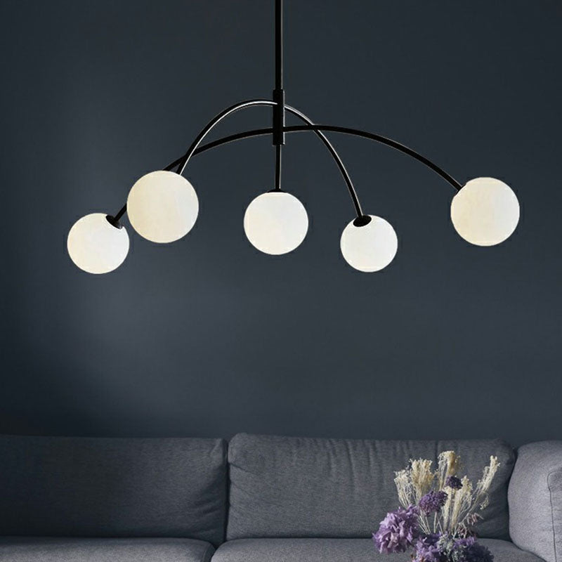 Black Arc Shaped Suspension Lamp Modern 5-Head Milky Ball Glass Chandelier for Dining Room