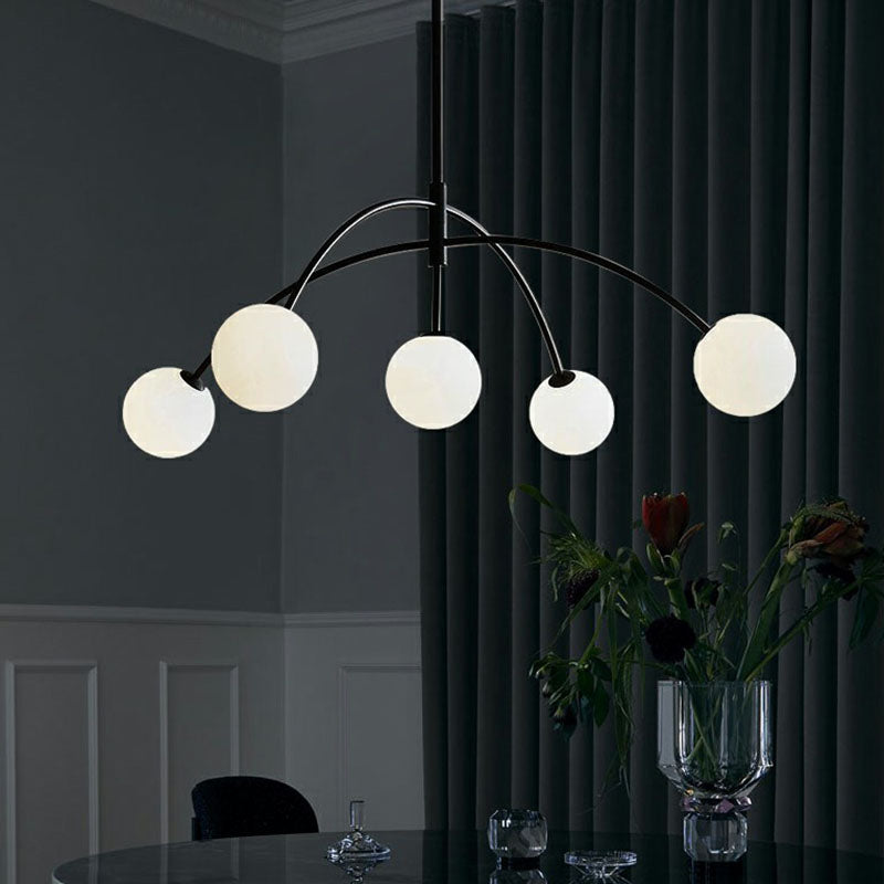 Black Arc Shaped Suspension Lamp Modern 5-Head Milky Ball Glass Chandelier for Dining Room