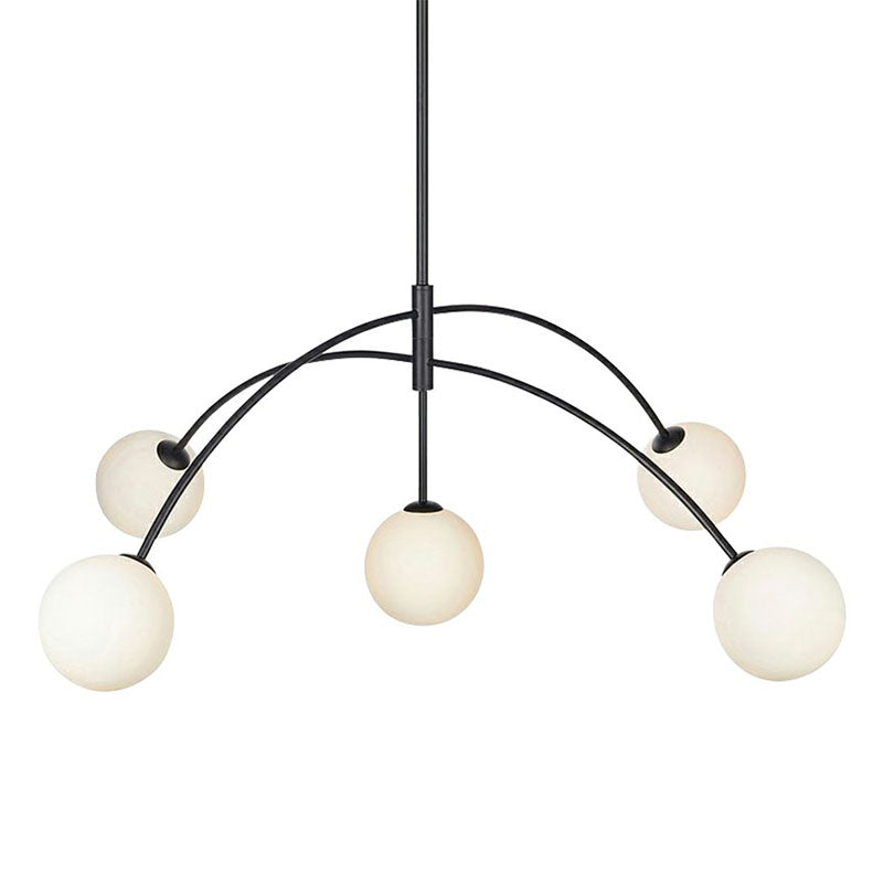 Black Arc Shaped Suspension Lamp Modern 5-Head Milky Ball Glass Chandelier for Dining Room