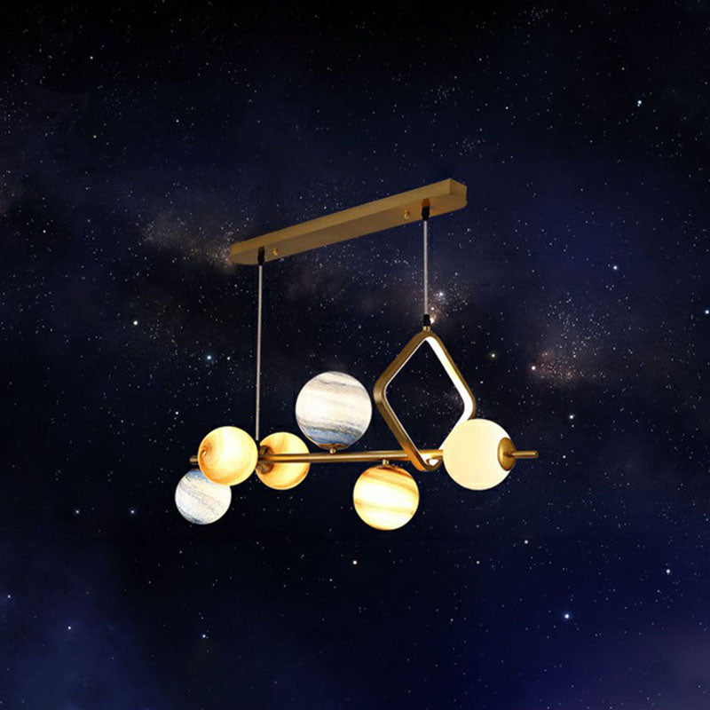 Nordic Planet Hanging Light Stained Glass 7 Heads Dining Room Chandelier in Gold