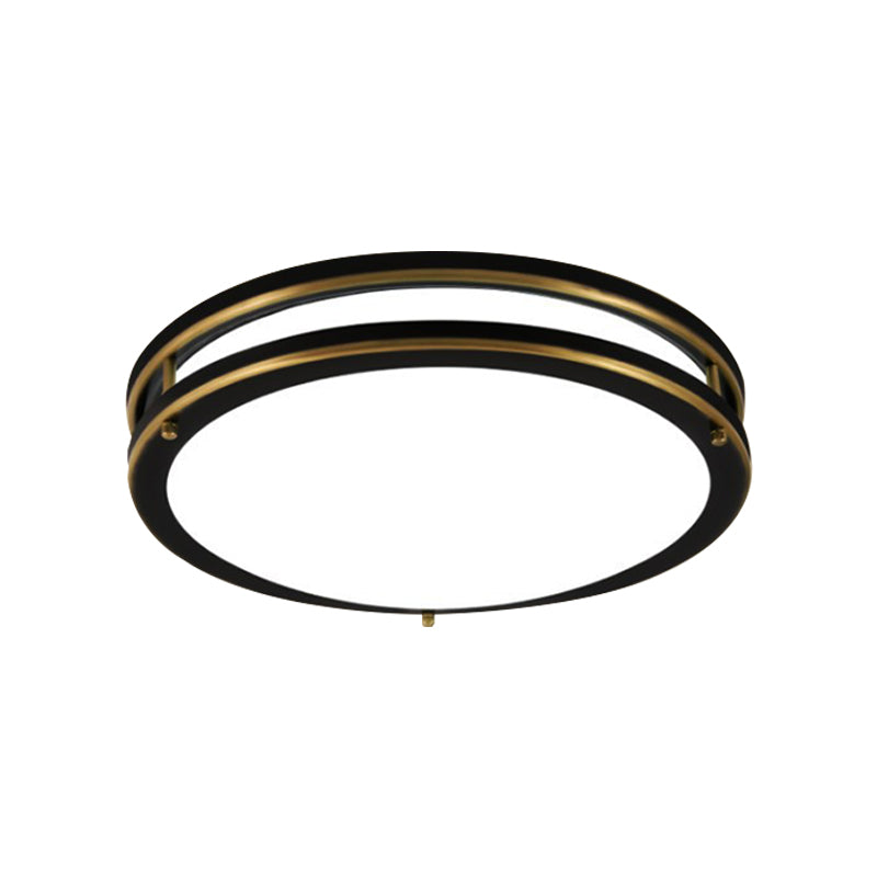 Black/Brass LED Ceiling Mount Traditional White Glass Drum Flush Light Fixture for Corridor in Warm/White Light, 12"/16" W