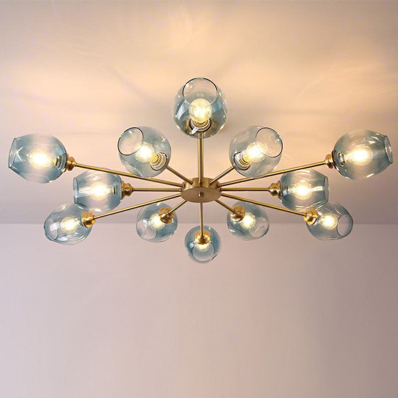 Lustre postmoderne Spoutnik à montage au plafond en forme de coupe en verre pour salon, semi-encastré en laiton