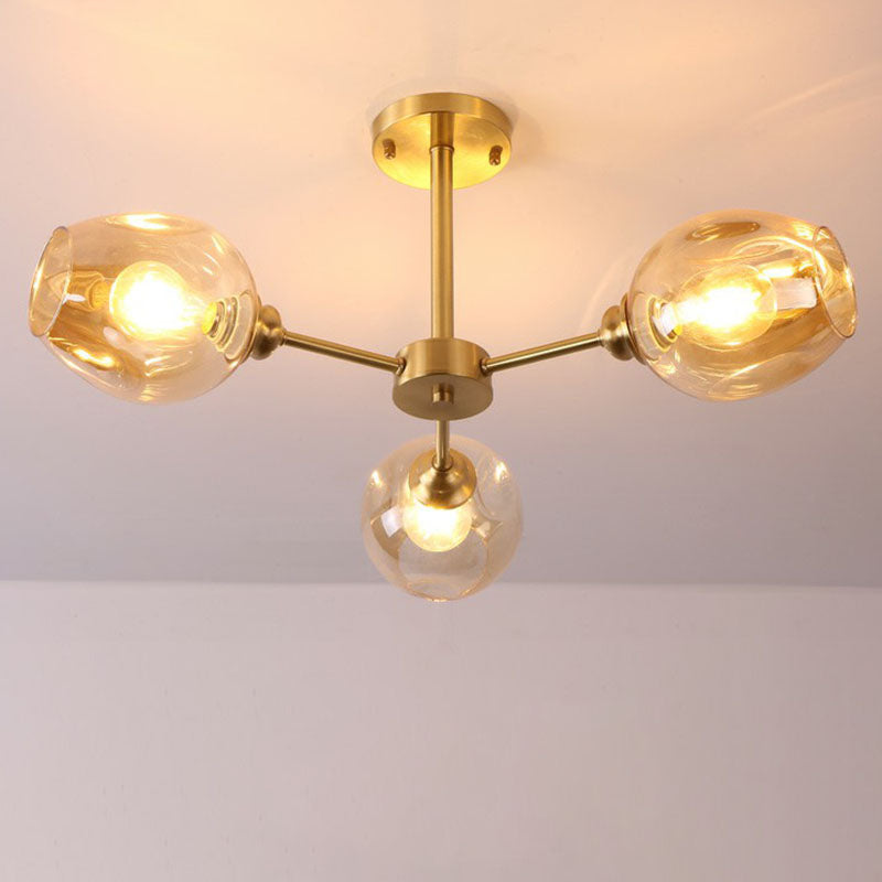 Lustre postmoderne Spoutnik à montage au plafond en forme de coupe en verre pour salon, semi-encastré en laiton