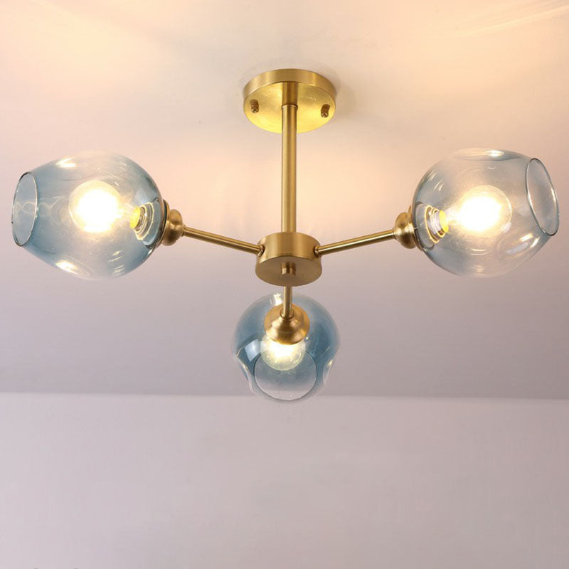 Lustre postmoderne Spoutnik à montage au plafond en forme de coupe en verre pour salon, semi-encastré en laiton