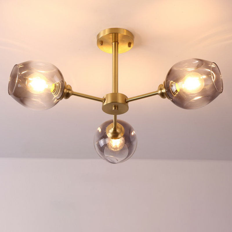 Lustre postmoderne Spoutnik à montage au plafond en forme de coupe en verre pour salon, semi-encastré en laiton