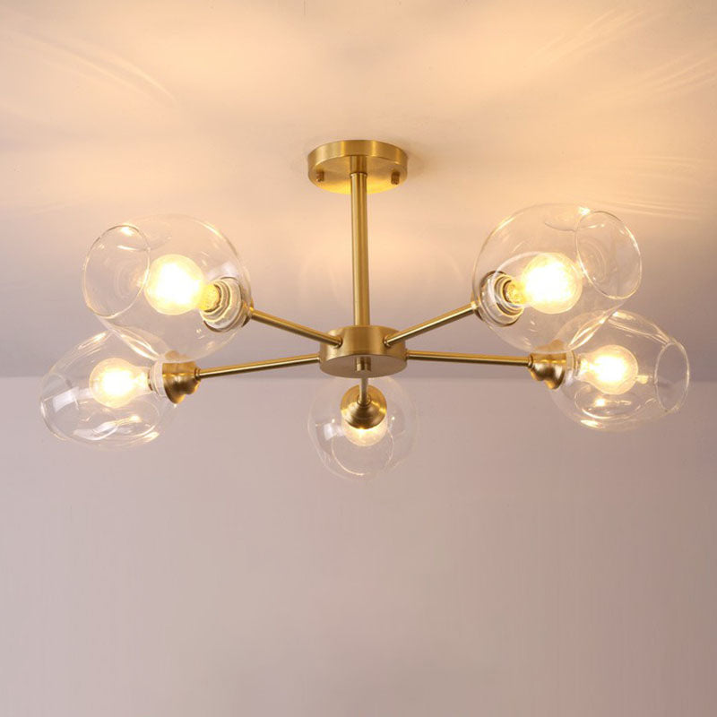 Lustre postmoderne Spoutnik à montage au plafond en forme de coupe en verre pour salon, semi-encastré en laiton