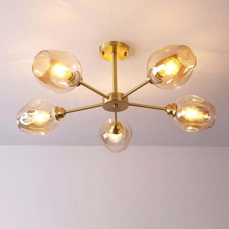Lustre postmoderne Spoutnik à montage au plafond en forme de coupe en verre pour salon, semi-encastré en laiton