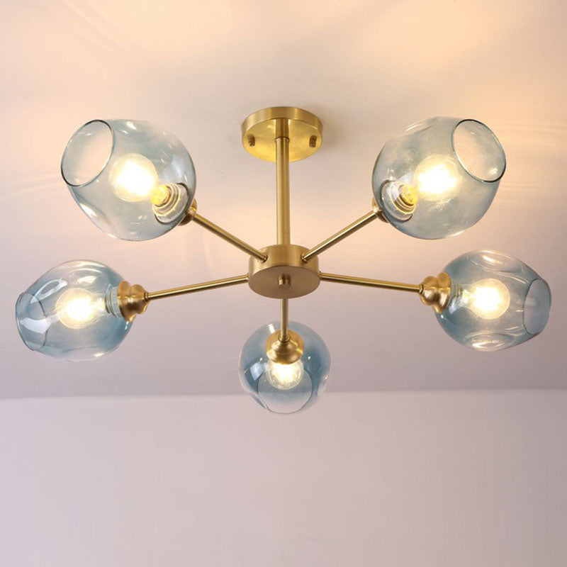 Lustre postmoderne Spoutnik à montage au plafond en forme de coupe en verre pour salon, semi-encastré en laiton