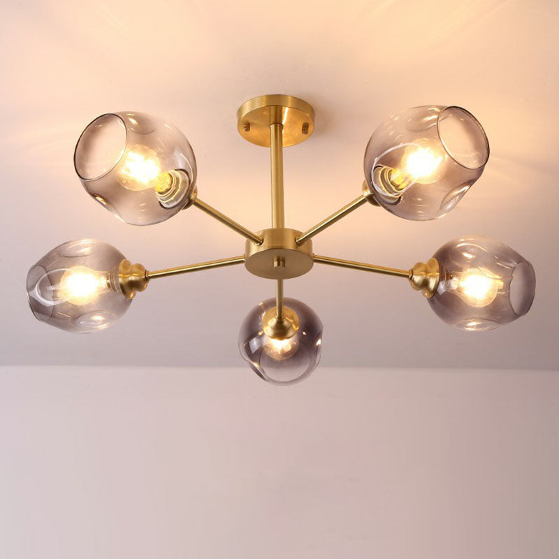 Lustre postmoderne Spoutnik à montage au plafond en forme de coupe en verre pour salon, semi-encastré en laiton