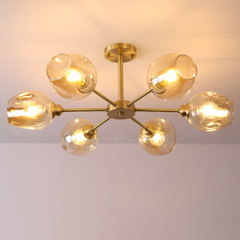 Lustre postmoderne Spoutnik à montage au plafond en forme de coupe en verre pour salon, semi-encastré en laiton