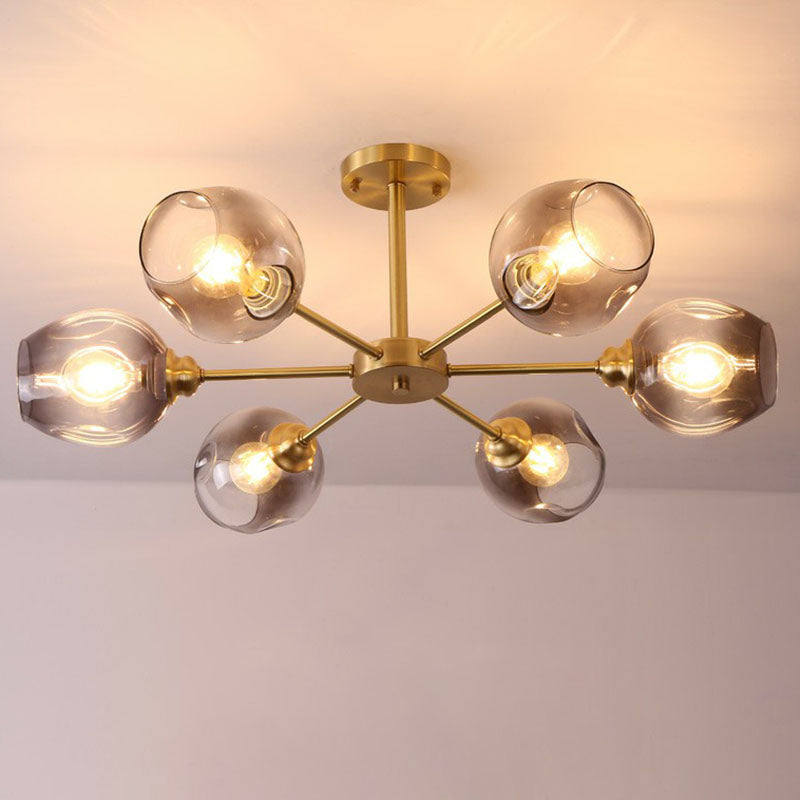 Lustre postmoderne Spoutnik à montage au plafond en forme de coupe en verre pour salon, semi-encastré en laiton