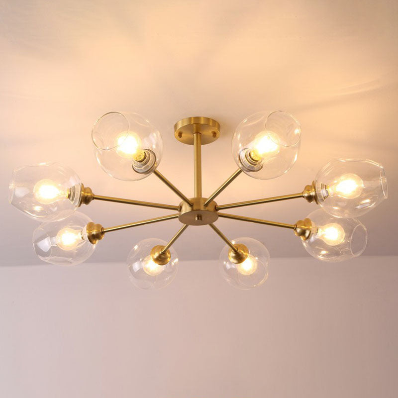 Lustre postmoderne Spoutnik à montage au plafond en forme de coupe en verre pour salon, semi-encastré en laiton