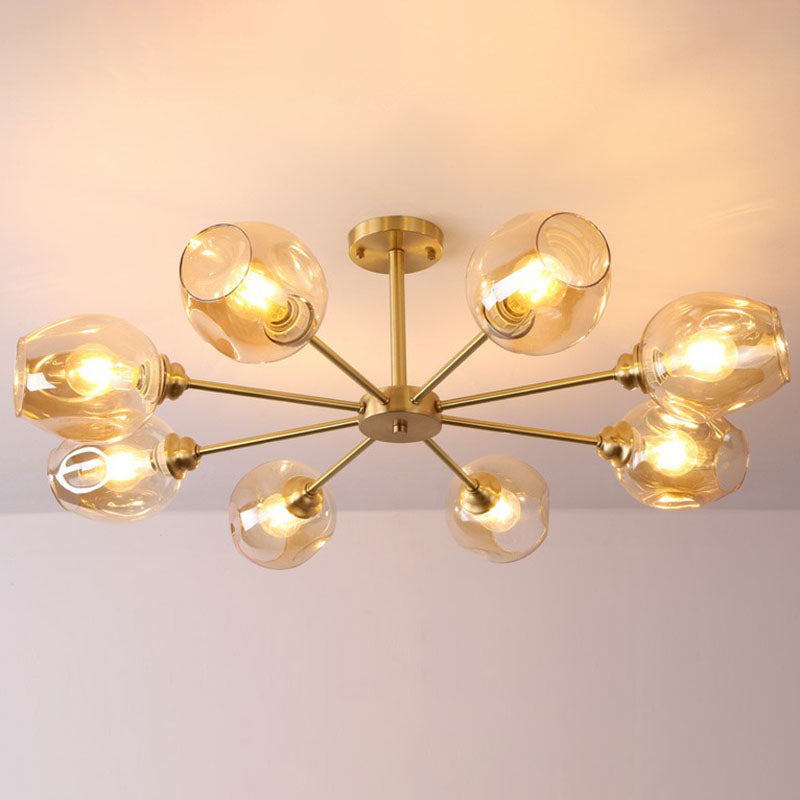 Lustre postmoderne Spoutnik à montage au plafond en forme de coupe en verre pour salon, semi-encastré en laiton