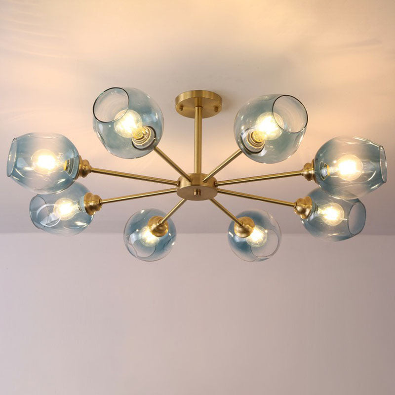 Lustre postmoderne Spoutnik à montage au plafond en forme de coupe en verre pour salon, semi-encastré en laiton