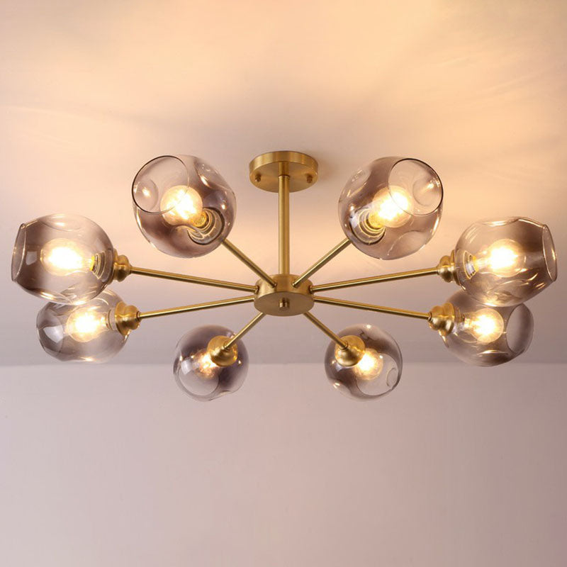 Lustre postmoderne Spoutnik à montage au plafond en forme de coupe en verre pour salon, semi-encastré en laiton
