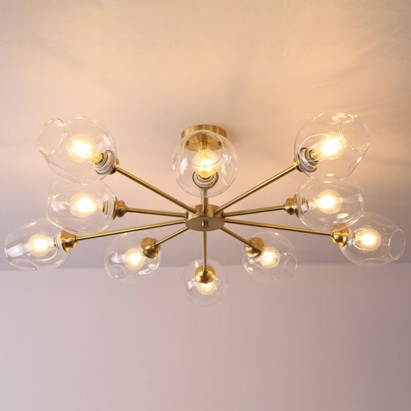 Lustre postmoderne Spoutnik à montage au plafond en forme de coupe en verre pour salon, semi-encastré en laiton