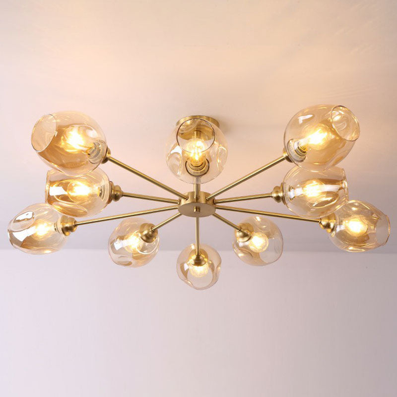 Lustre postmoderne Spoutnik à montage au plafond en forme de coupe en verre pour salon, semi-encastré en laiton