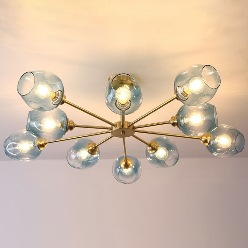 Lustre postmoderne Spoutnik à montage au plafond en forme de coupe en verre pour salon, semi-encastré en laiton