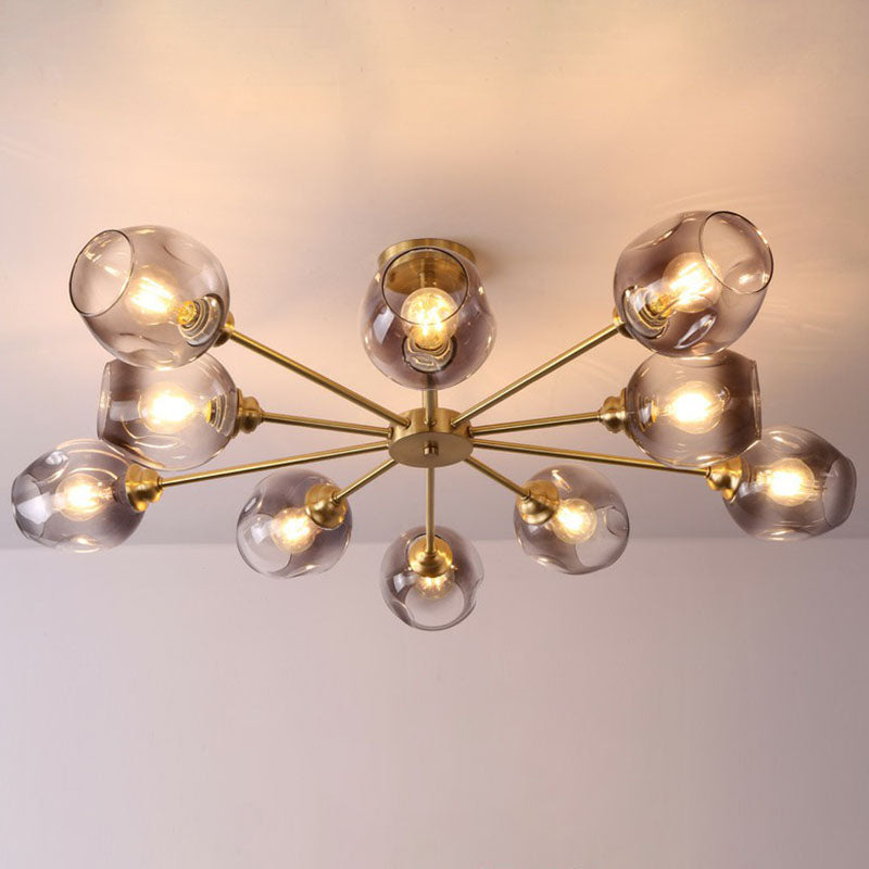 Lustre postmoderne Spoutnik à montage au plafond en forme de coupe en verre pour salon, semi-encastré en laiton