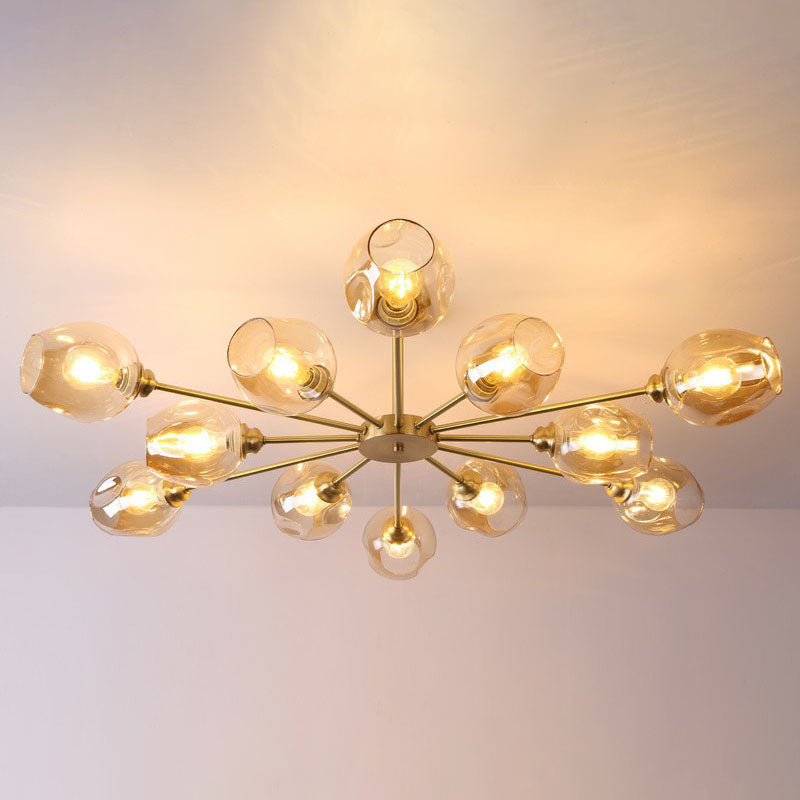 Lustre postmoderne Spoutnik à montage au plafond en forme de coupe en verre pour salon, semi-encastré en laiton