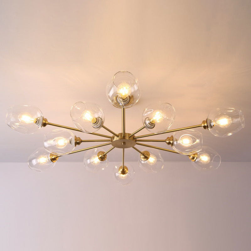 Lustre postmoderne Spoutnik à montage au plafond en forme de coupe en verre pour salon, semi-encastré en laiton