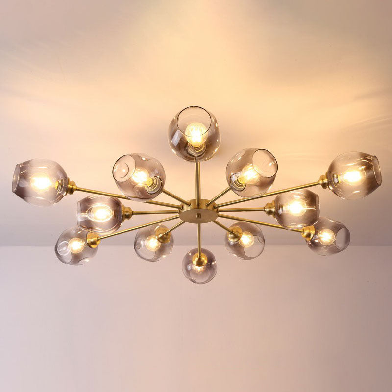 Lustre postmoderne Spoutnik à montage au plafond en forme de coupe en verre pour salon, semi-encastré en laiton