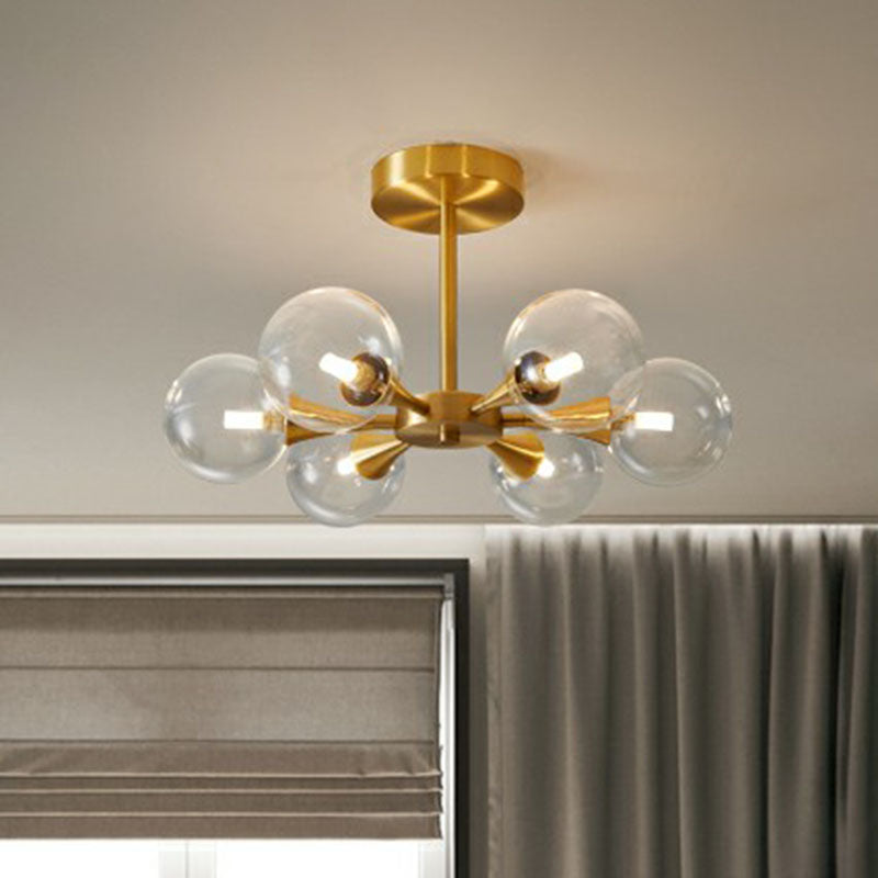 Brass Finish Radial Flush Chandelier Postmodern Ball Glass Semi Flush Mount Ceiling Light