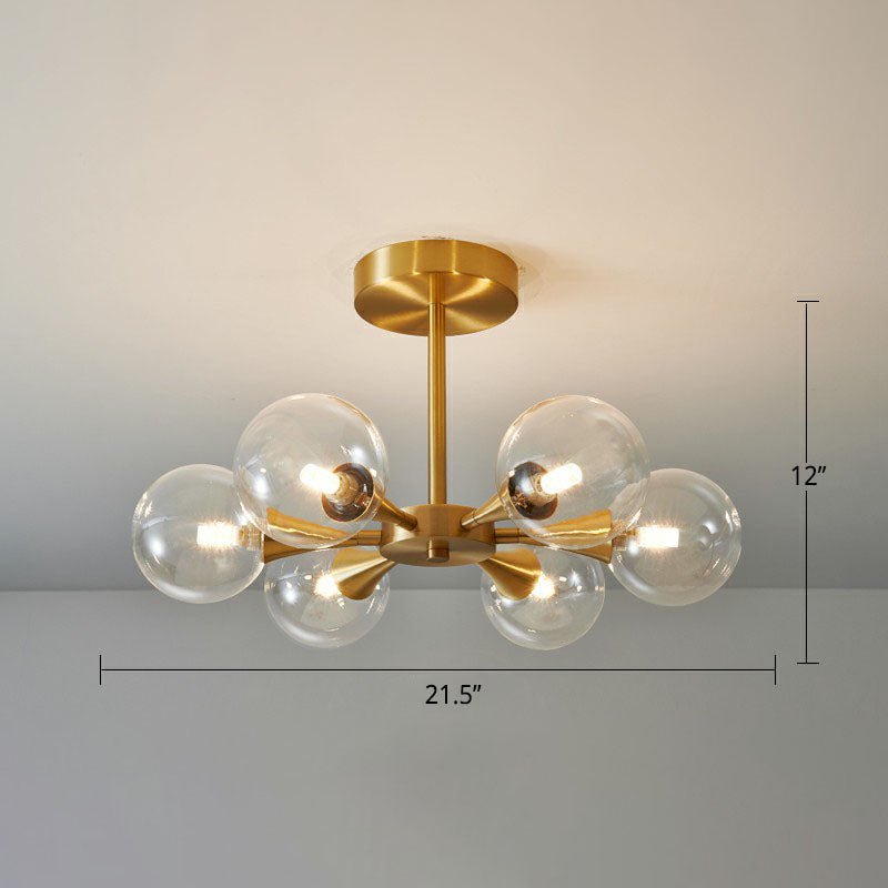 Brass Finish Radial Flush Chandelier Postmodern Ball Glass Semi Flush Mount Ceiling Light