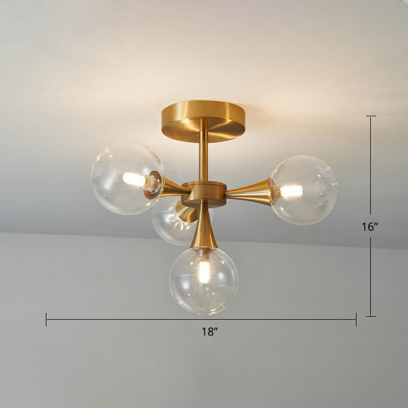 Brass Finish Radial Flush Chandelier Postmodern Ball Glass Semi Flush Mount Ceiling Light