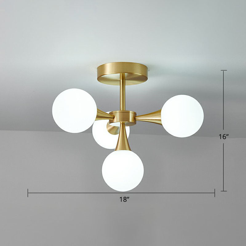 Brass Finish Radial Flush Chandelier Postmodern Ball Glass Semi Flush Mount Ceiling Light