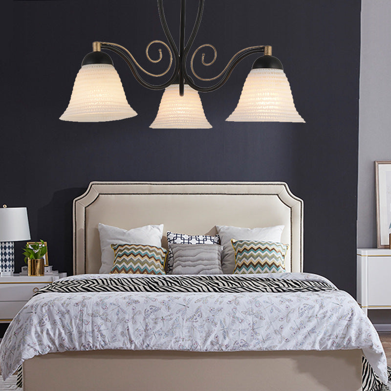 Sala de estar Bell Semi Monte Iluminación Vaso blanco tradicional 3 luces Luz de techo negro