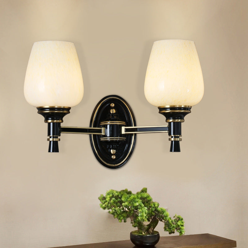 1/2-Bulb Wall Mount Light with Cone White Glass Shade Traditional Living Room Sconce Light in Black