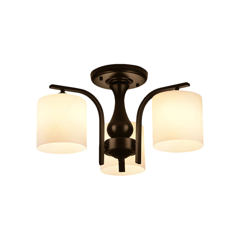 3/5/6 Lights Semi Flush Mount Traditional Cylinder Frosted Glass Ceiling Light in Black for Bedroom