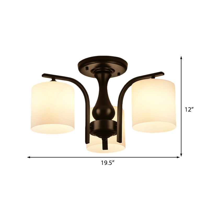 3/5/6 Lights Semi Flush Mount Traditional Cylinder Frosted Glass Ceiling Light in Black for Bedroom