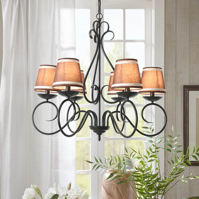 6 Lights Fabric Chandelier Light Traditional Coffee/Flaxen/White Conical Dining Room Hanging Light Fixture