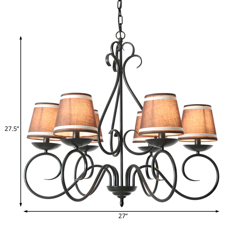 6 Lights Fabric Chandelier Light Traditional Coffee/Flaxen/White Conical Dining Room Hanging Light Fixture