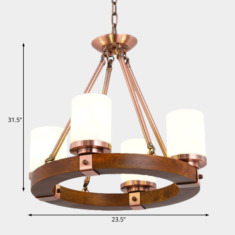 Cylinder Bedroom Chandelier Light Fixture Rustic White Glass 4/6 Lights Copper Ceiling Light