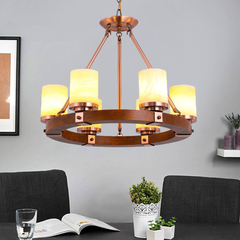 Cylinder Bedroom Chandelier Light Fixture Rustic White Glass 4/6 Lights Copper Ceiling Light
