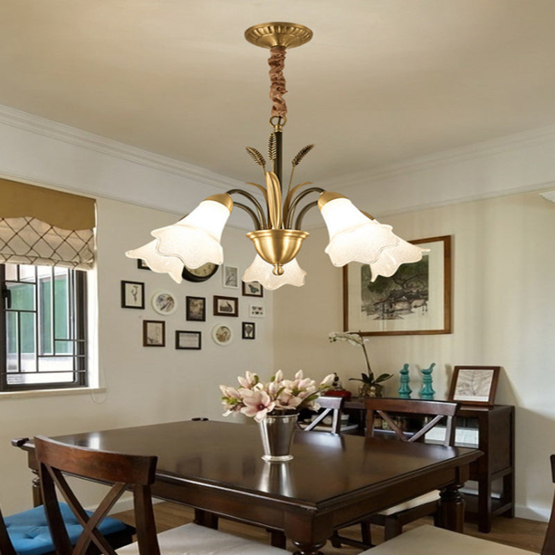 White Glass Floral Shaped Chandelier Traditional 6/8/12 Lights Study Room Hanging Ceiling Light in Brass