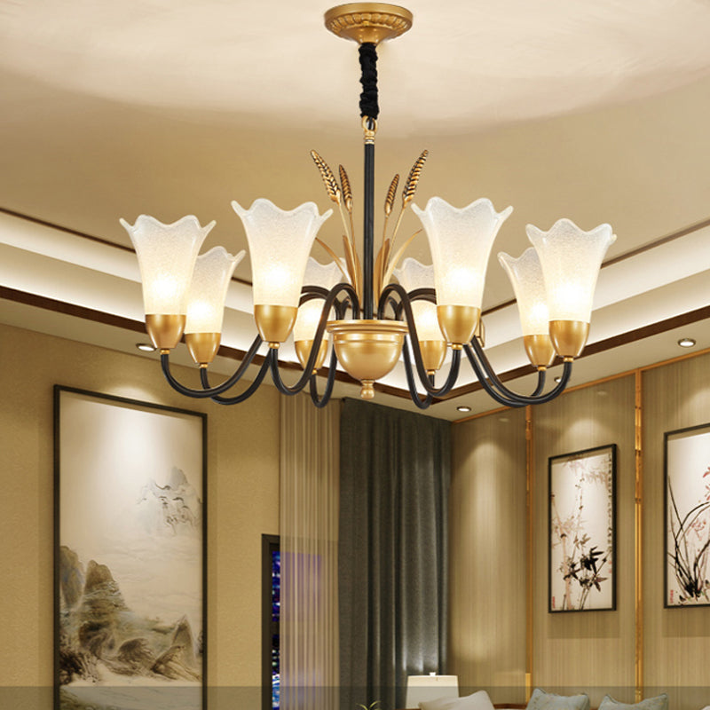 White Glass Floral Shaped Chandelier Traditional 6/8/12 Lights Study Room Hanging Ceiling Light in Brass