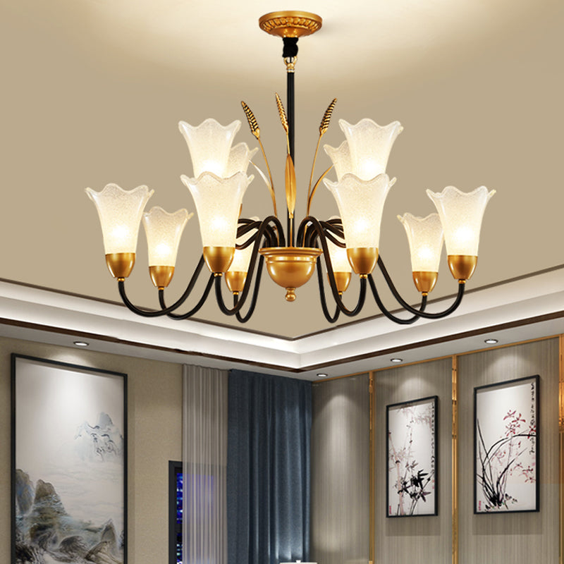 White Glass Floral Shaped Chandelier Traditional 6/8/12 Lights Study Room Hanging Ceiling Light in Brass