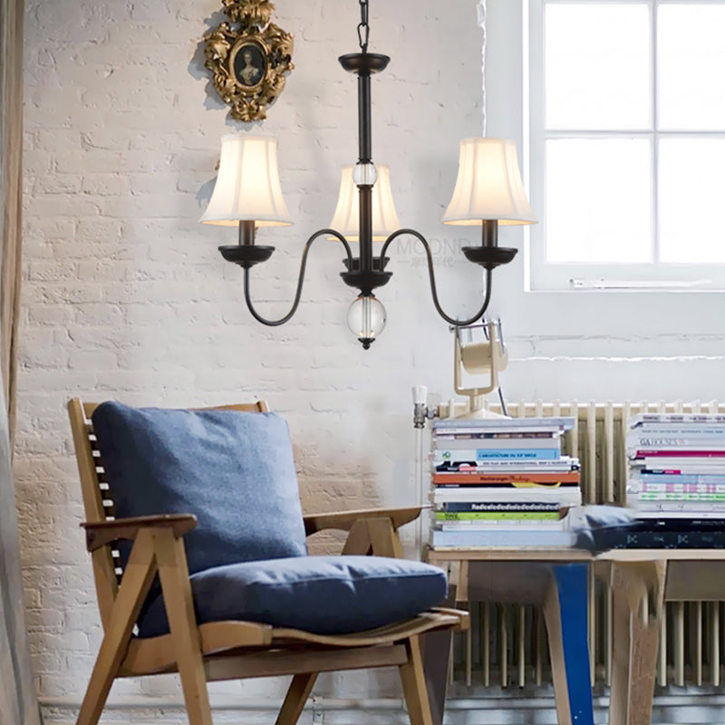 Empire Shade Bedroom Chandelier Light Traditional White Fabric Shade 3/5/6 Lights Black Ceiling Light