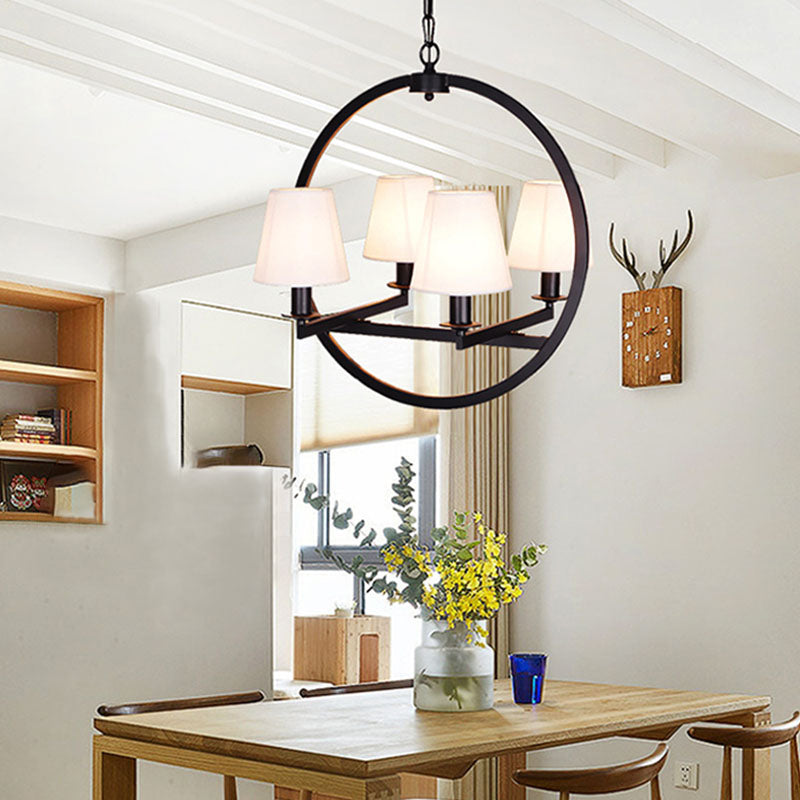 4 Lights Fabric Chandelier Light Traditional White/Flaxen Cone Dining Room Hanging Light with Black Ring Frame