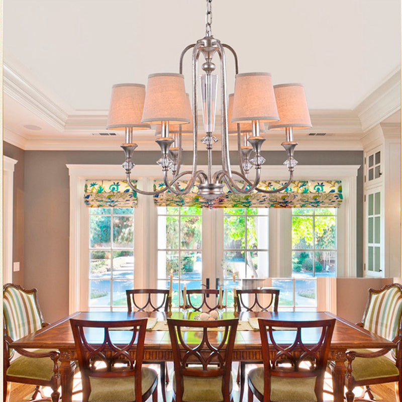Rustic Tapered Ceiling Lamp 3/6 Lights Fabric Chandelier Light Fixture in Aged Silver for Living Room