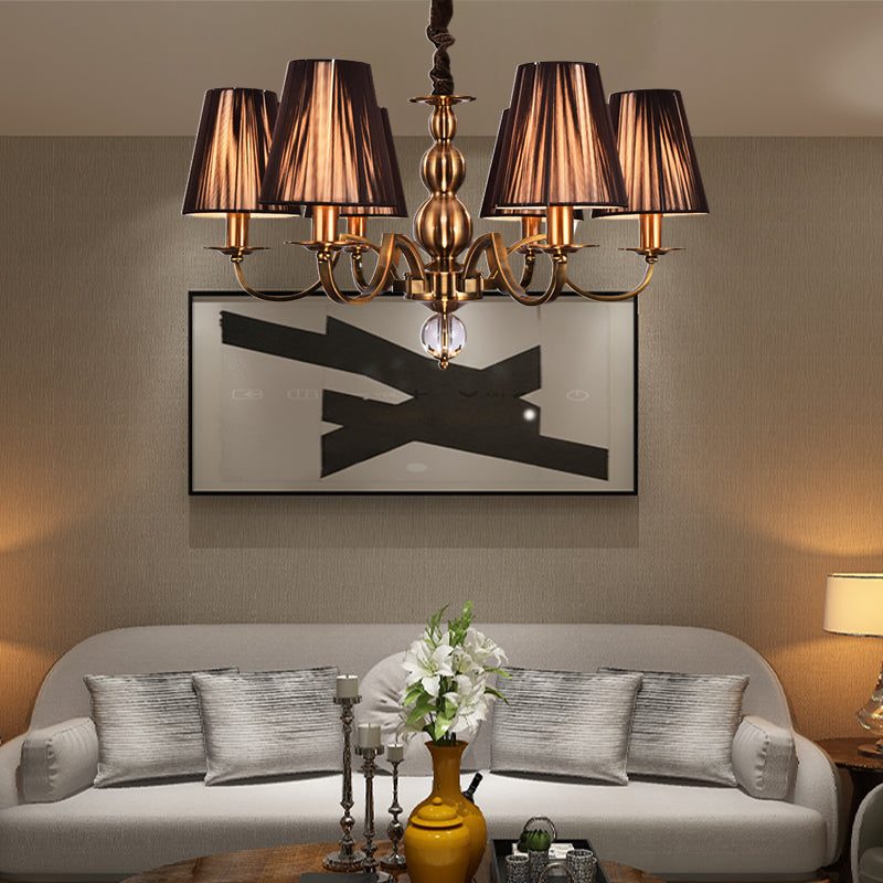 Brown Gathered Fabric Shade Chandelier Lamp Vintage Fabric 6/8 Lights Living Room Suspension Light