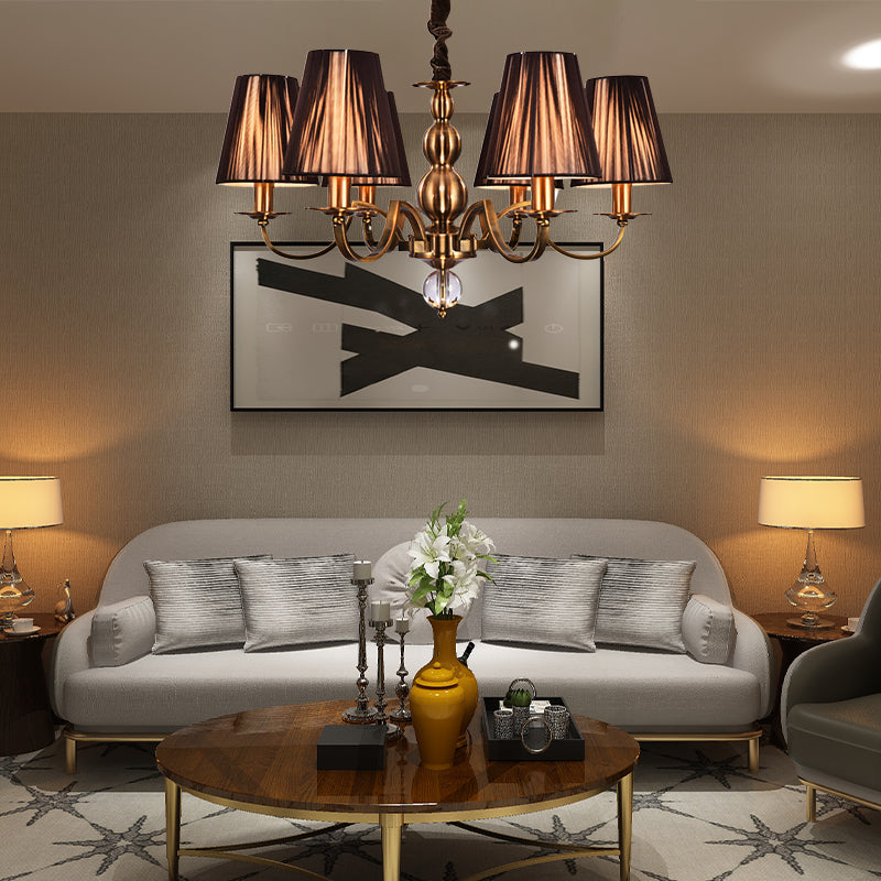 Brown Gathered Fabric Shade Chandelier Lamp Vintage Fabric 6/8 Lights Living Room Suspension Light
