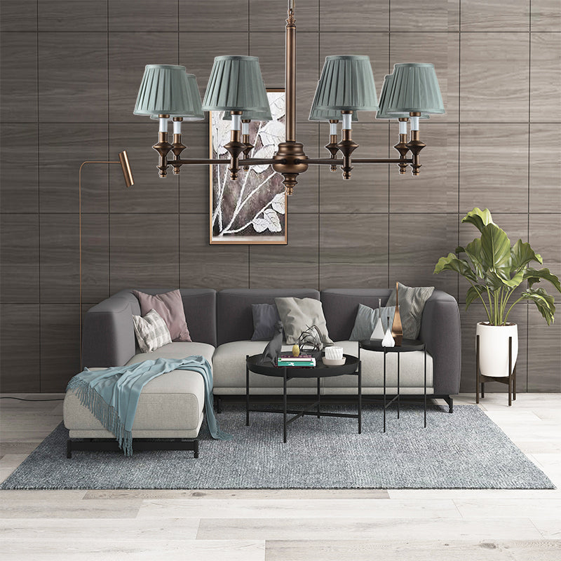 Blue Cone Pleated Shade Chandelier Light Fixture Nordic Fabric 6/8 Lights Living Room Hanging Light
