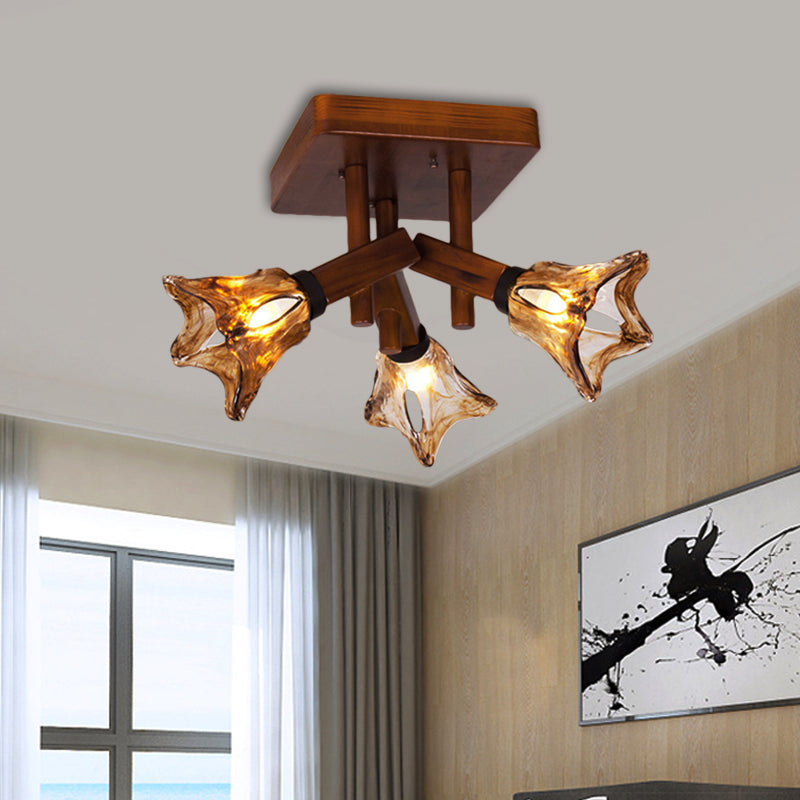Flower Dining Room Semi Flush Light Rustic Glass 3/5/8 Lights Red Brown Ceiling Light Fixture