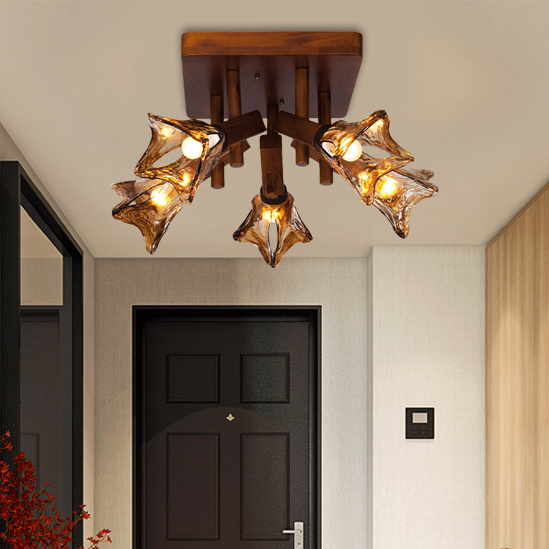 Flower Dining Room Semi Flush Light Rustic Glass 3/5/8 Lights Red Brown Ceiling Light Fixture